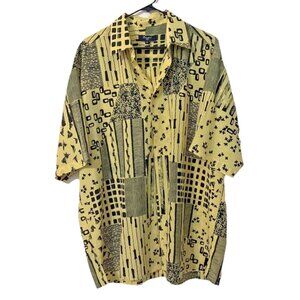 Bassiri Yellow Black Abstract Design Button Down Short Sleeve Size XL